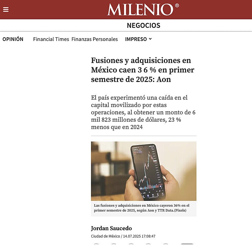 Fusiones y adquisiciones en M�xico caen 3 6 % en primer semestre de 2025: Aon